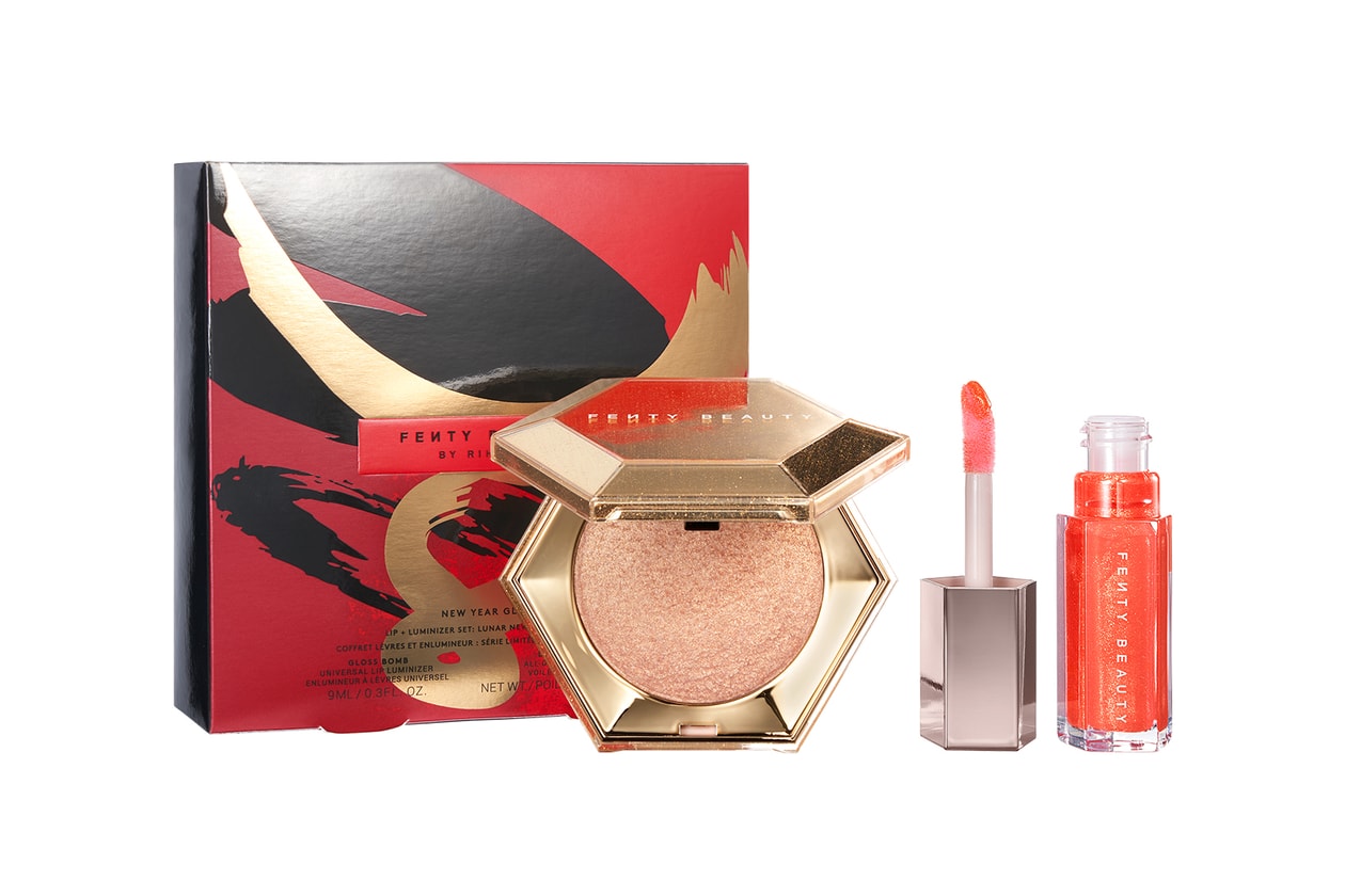 fenty beauty rihanna lunar new year set lip gloss bomb universal luminizer diamond all over highlighter makeup