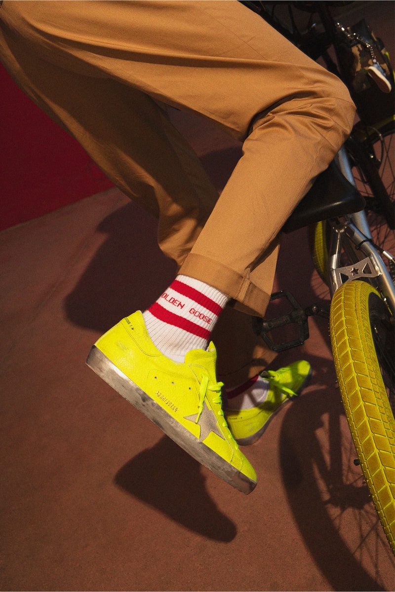 golden goose ggdb restar collection neon yellow super star sneakers bicycle