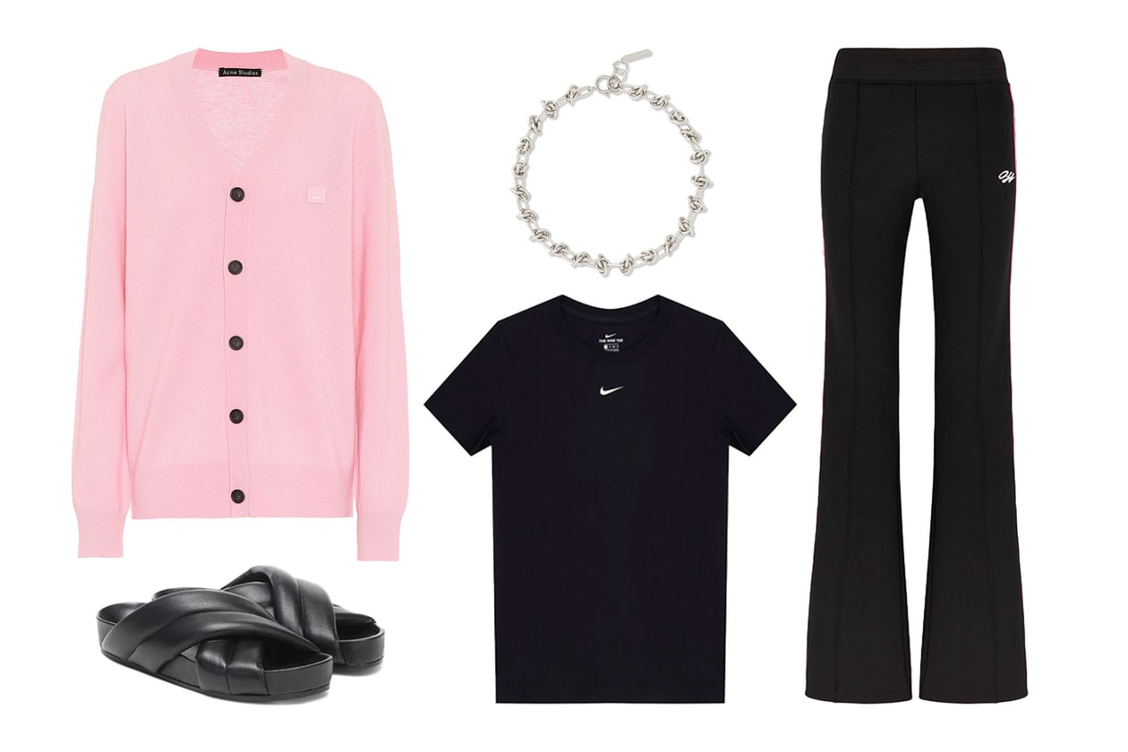 black outfits how to wear styling guide acne studios pink face knitwear cardigan jil sander slippers slides nike swoosh tshirt justine clenquet chain necklace choker off-white flared pants