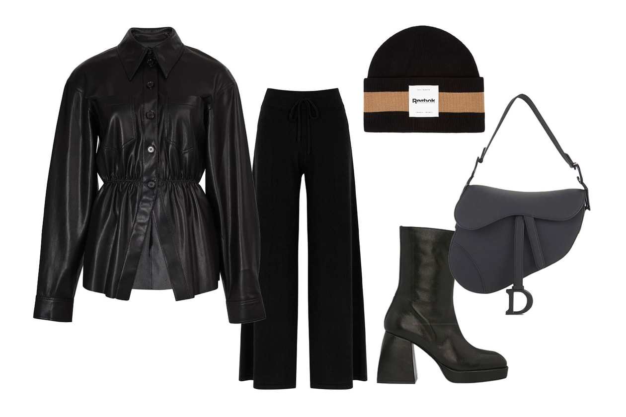 black outfits how to wear styling guide nanushka vegan leather shirt lisa yang pants reebok victoria beckham beanie dior saddle bag nodaleto boots heels