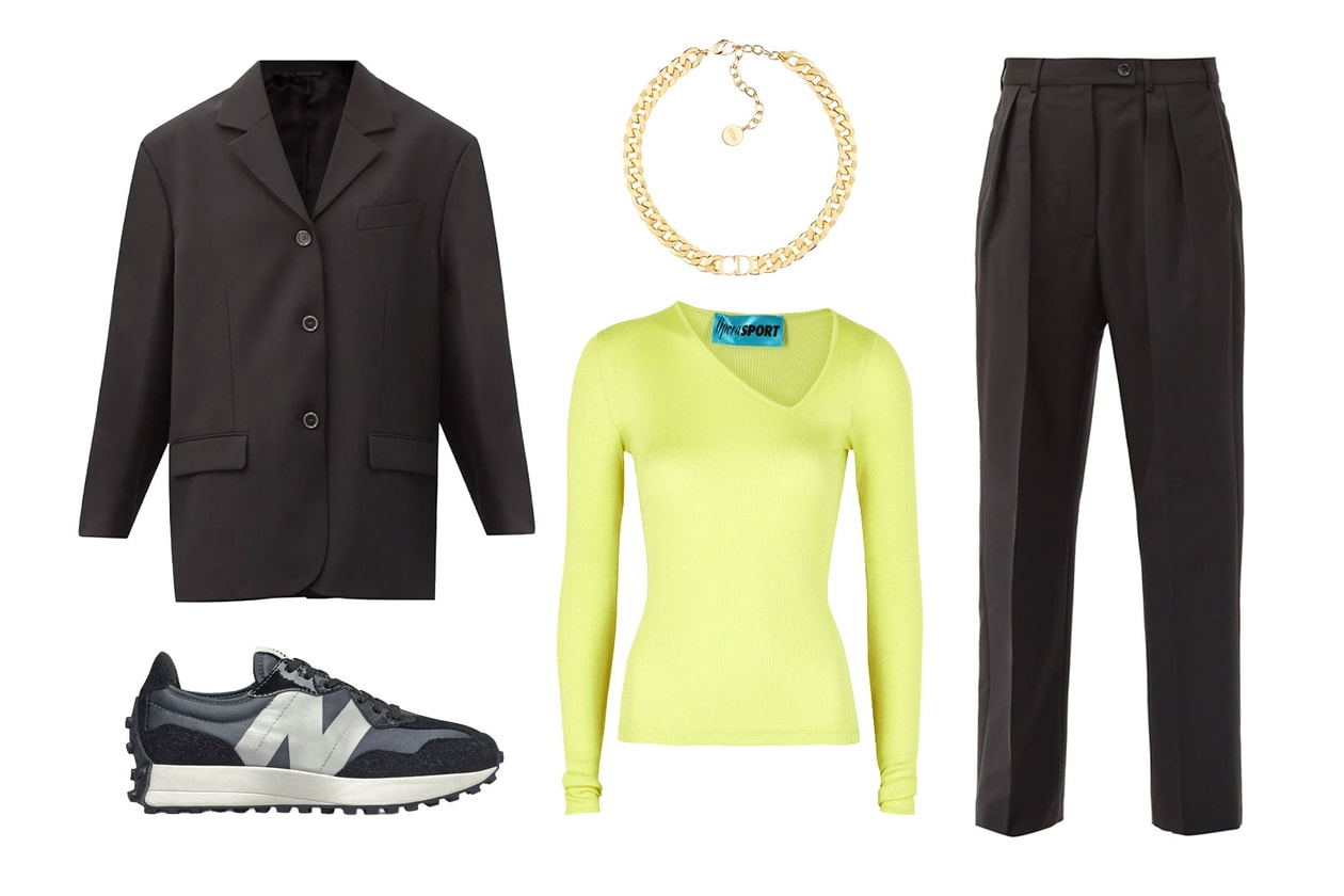 black outfits how to wear styling guide acne studios suits jacket blazer trousers operasport yellow asymmetrical top new balance 327 christian dior cd gold chain necklace