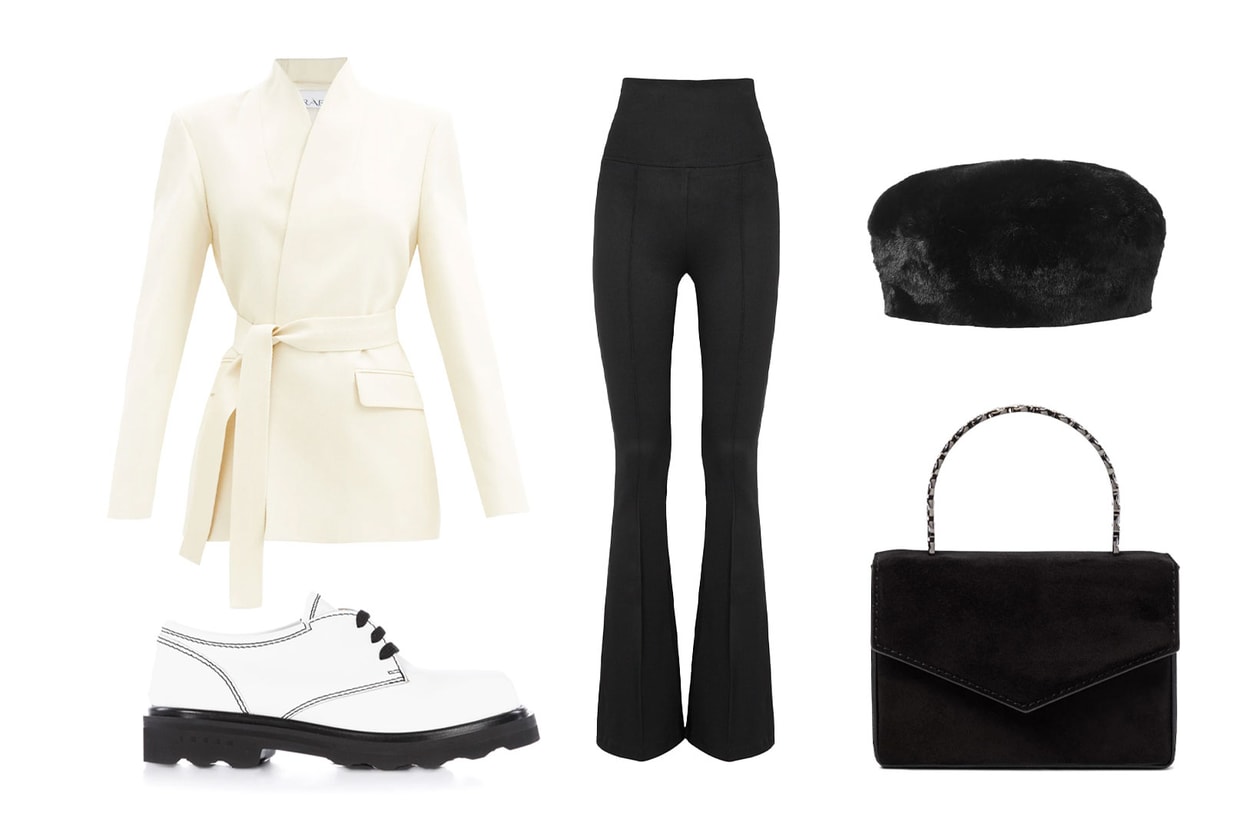 black outfits how to wear styling guide raey white wrapped jacket blazer marni derby helmut lang flared pants amina muaddi handbag purse eugenia kim faux fur hat