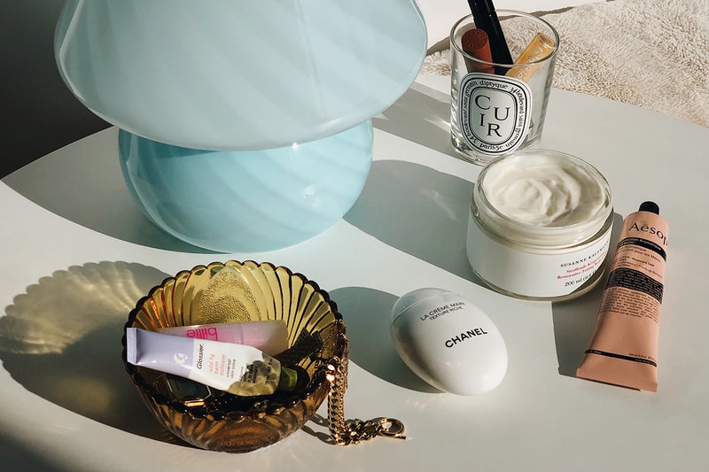 Beauty Skincare Makeup Products Cosmetics Chanel La Creme Main Hand Cream Lotion Aesop Glossier Balm Dotcom Susanne Kaufmann Restorative Toning Body Cream diptyque Cuir Candle Murano Mushroom Lamp Blue