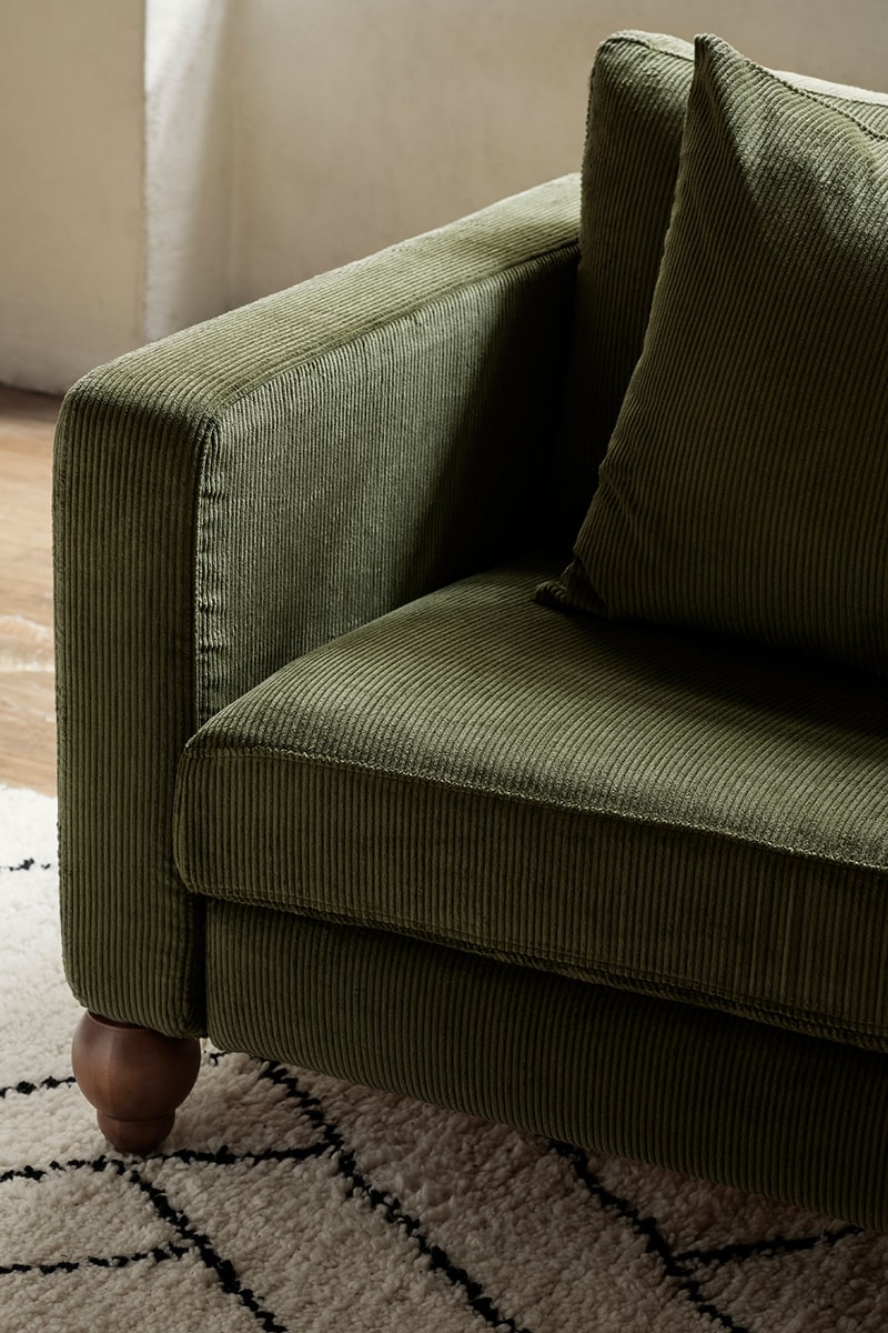 ikea sofa couch corduroy cover apartment therapy bemz maxwell ryan collaboration moss green carpet rug