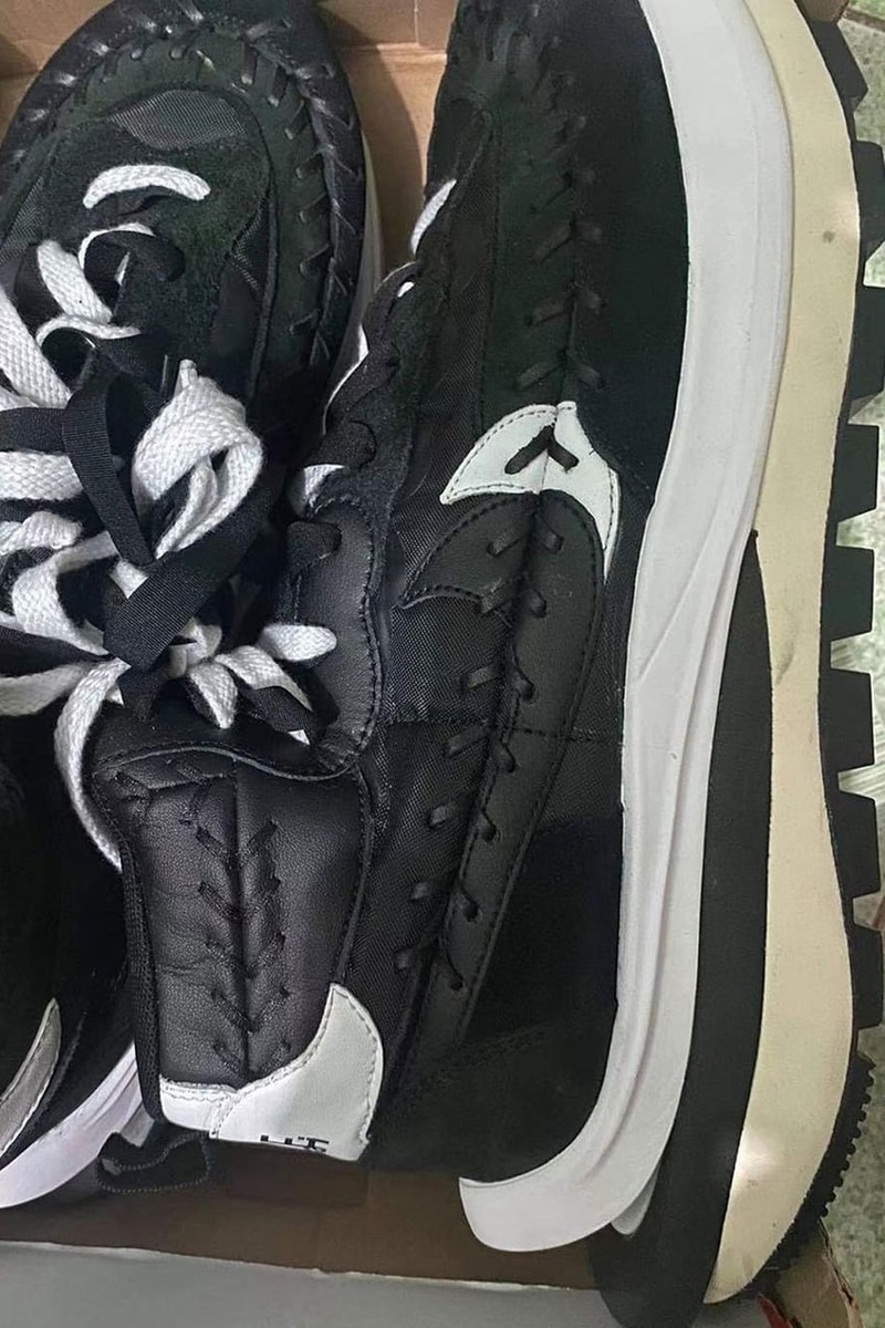 jean paul gaultier jpg sacai nike vaporwaffle chitose abe collaboration sneakers black white details stitches side laterals swoosh
