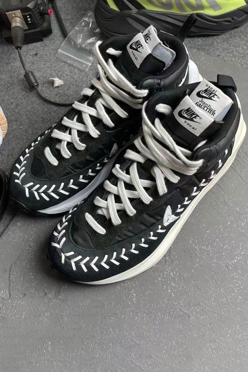 jean paul gaultier jpg sacai nike vaporwaffle chitose abe collaboration sneakers black white details stitches upper