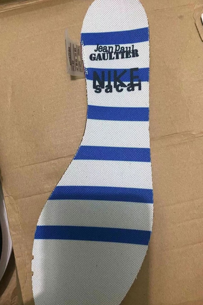 jean paul gaultier jpg sacai nike vaporwaffle chitose abe collaboration sneakers black white details footbed stripe logo