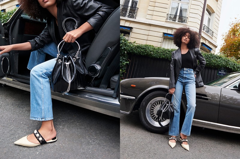 jimmy choo spring collection campaign sharon alexie black bon bon bag basette flat sandals car denim jeans tank top leather jacket