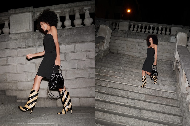 jimmy choo spring collection campaign sharon alexie black dress leather shirt bon bon bag beren 85 heeled boots stripes mustard yellow