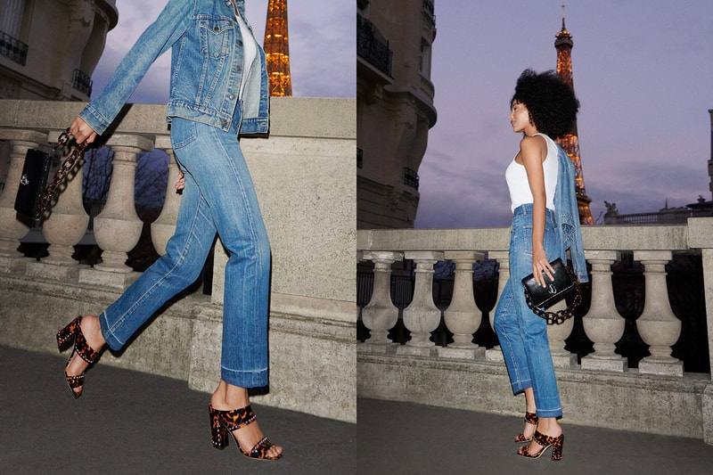 jimmy choo spring collection campaign sharon alexie denim jacket jeans paris eiffel tower matty 85 heels brown white tank top varenne clutch