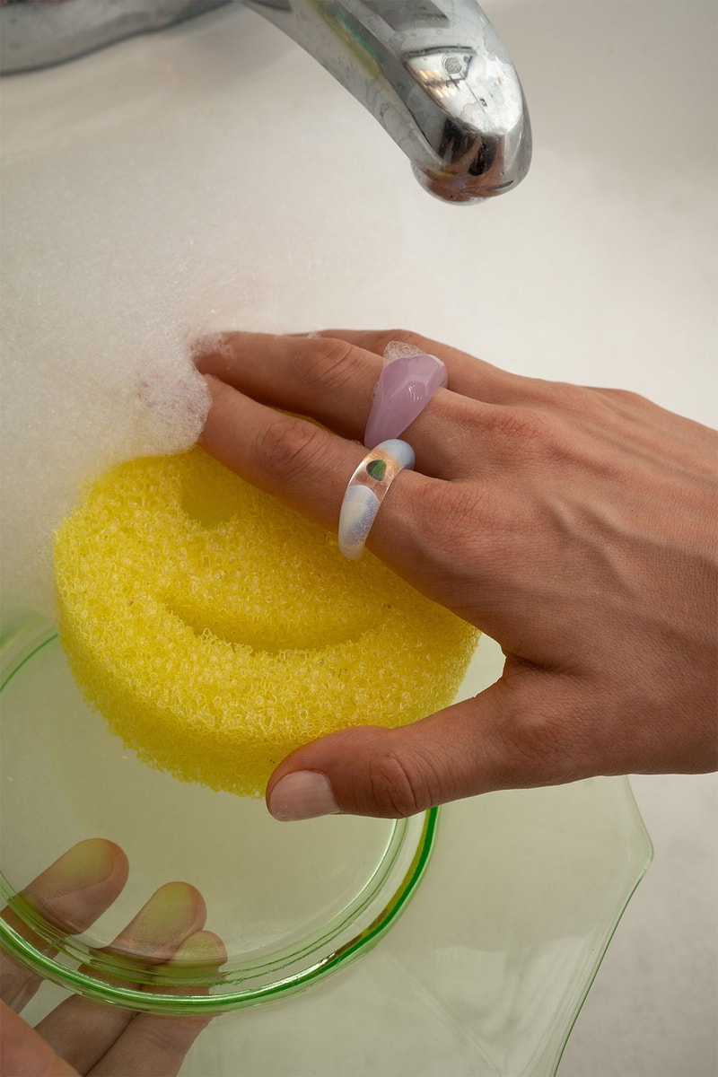 keane brooklyn glass jewelry brand rings purple white washing dishes sponge smiley