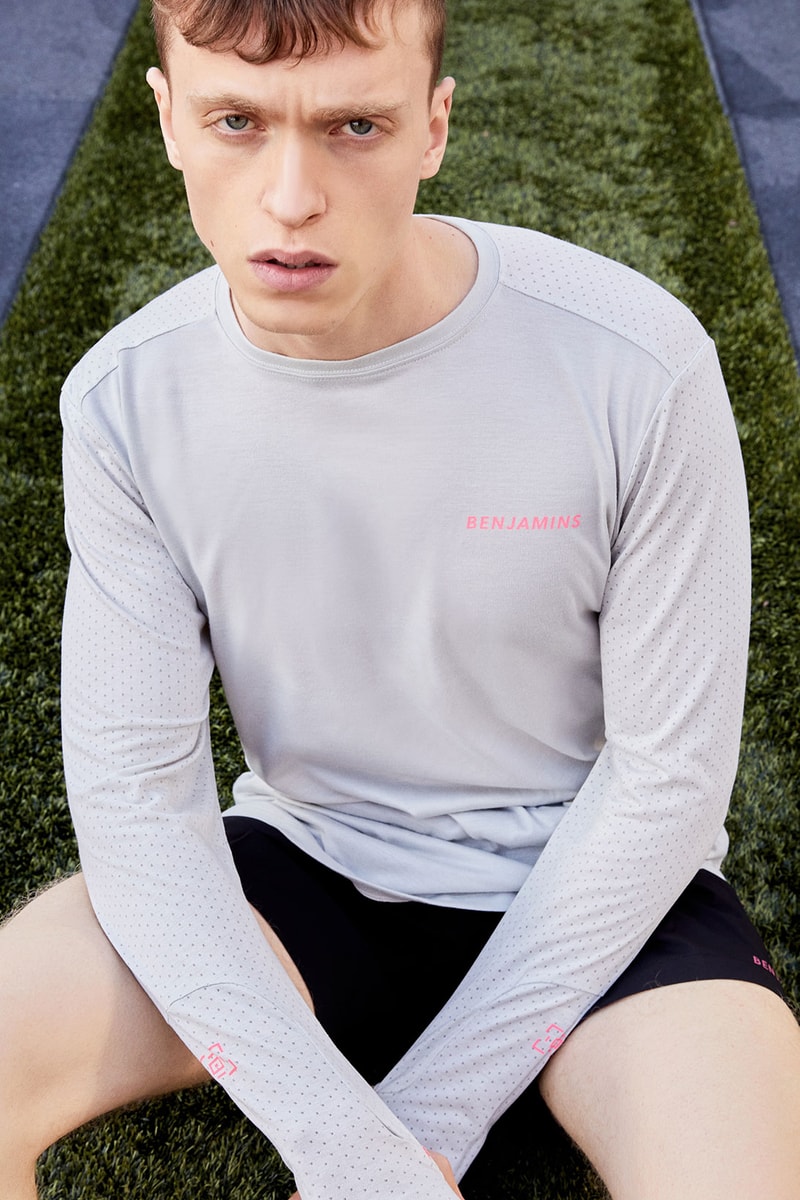 les benjamins activewear collection gym clothes workout long-sleeved gray t-shirt black shorts sports