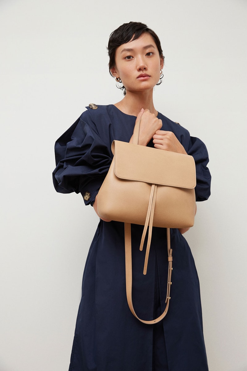 mansur gavriel soft lady handbag calfskin leather beige black puff sleeves dress