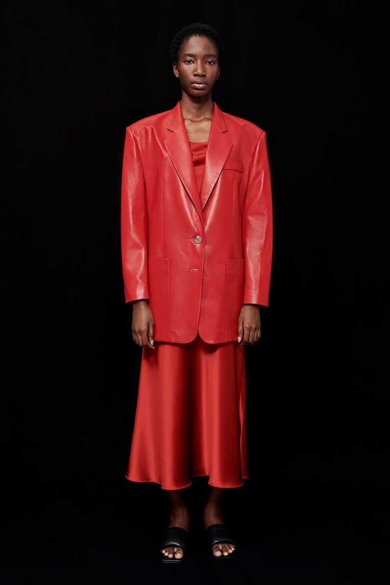nanushka all-red chinese lunar new year collection vegan leather blazer slip satin midi skirt