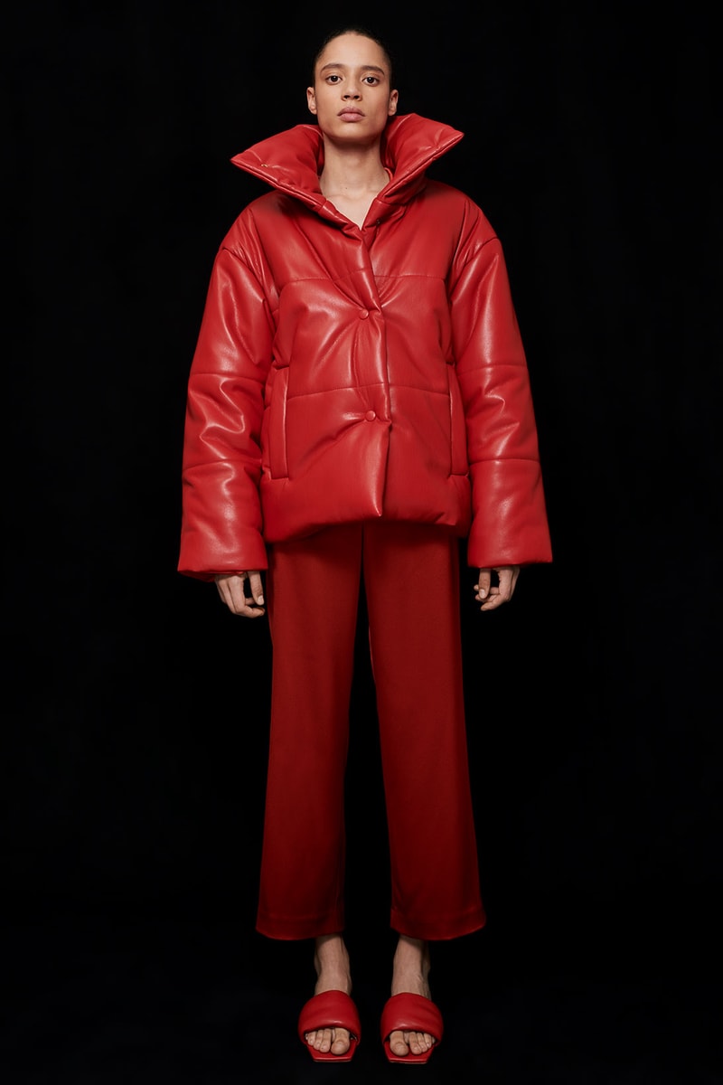 nanushka all-red chinese lunar new year collection vegan leather puffer jacket slip satin pants