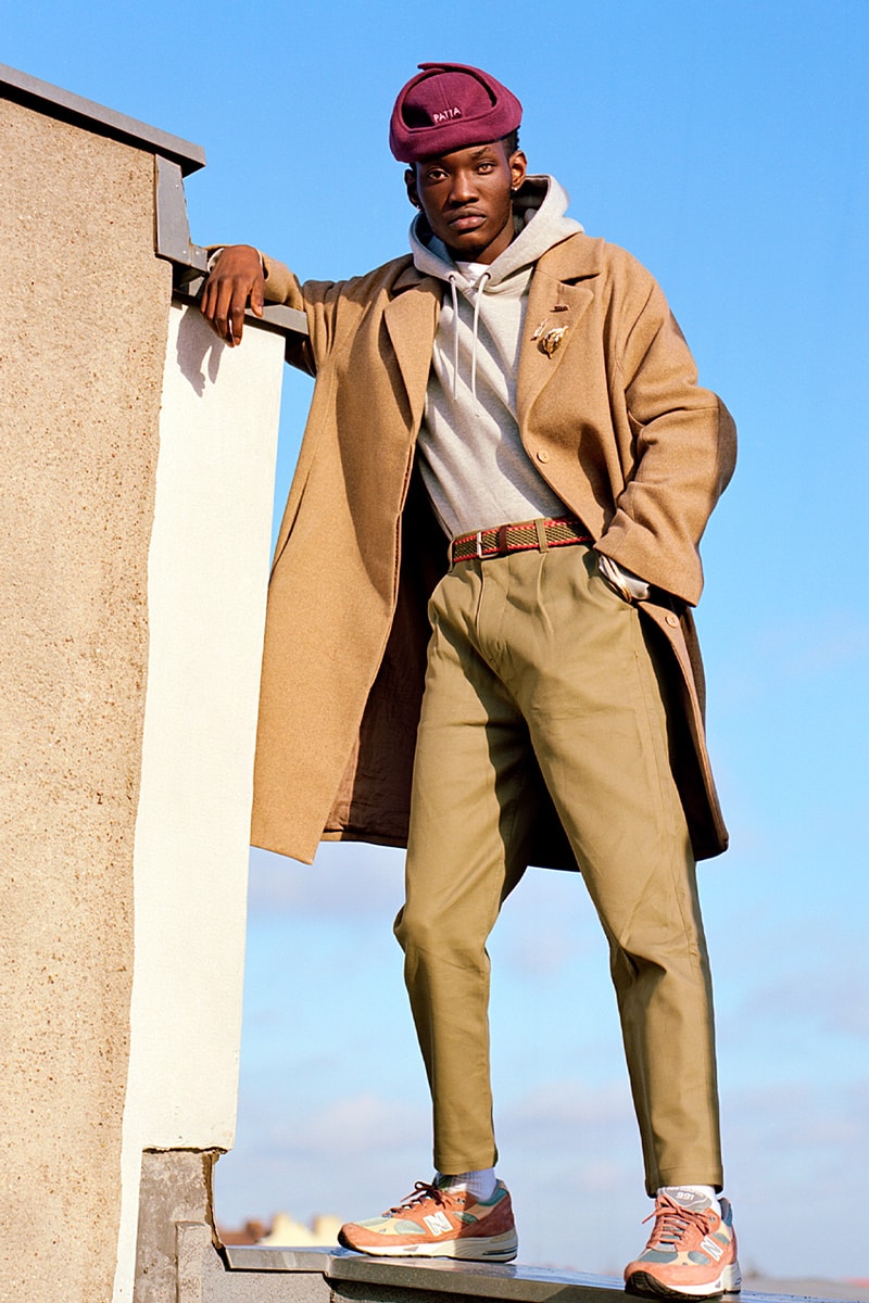 patta new balance nb 991 collaboration roof sky camel coat hoodie pants