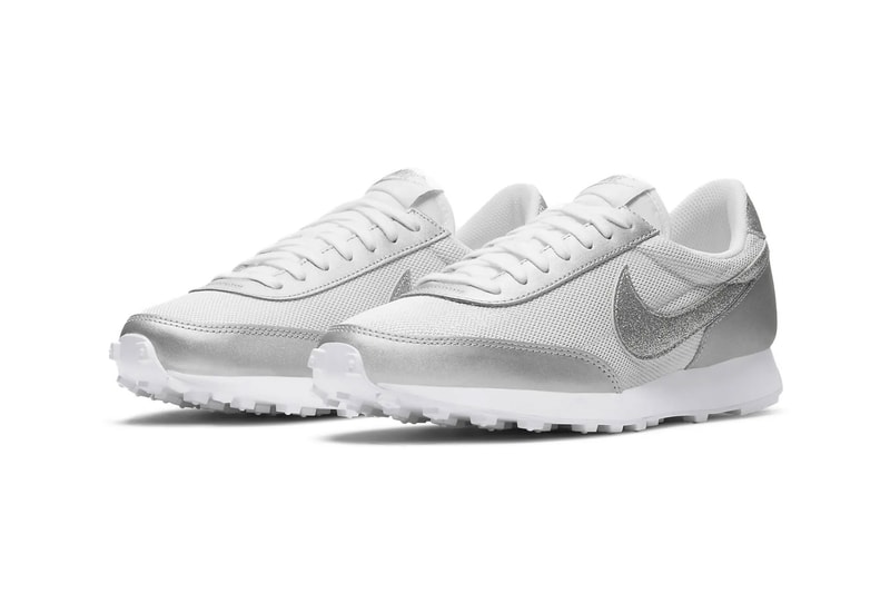 nike daybreak silver metallic glitter swoosh logo sneakers side lateral