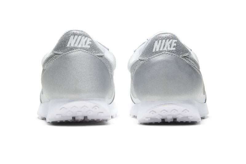nike daybreak silver metallic glitter swoosh logo sneakers back heel rear tab logo
