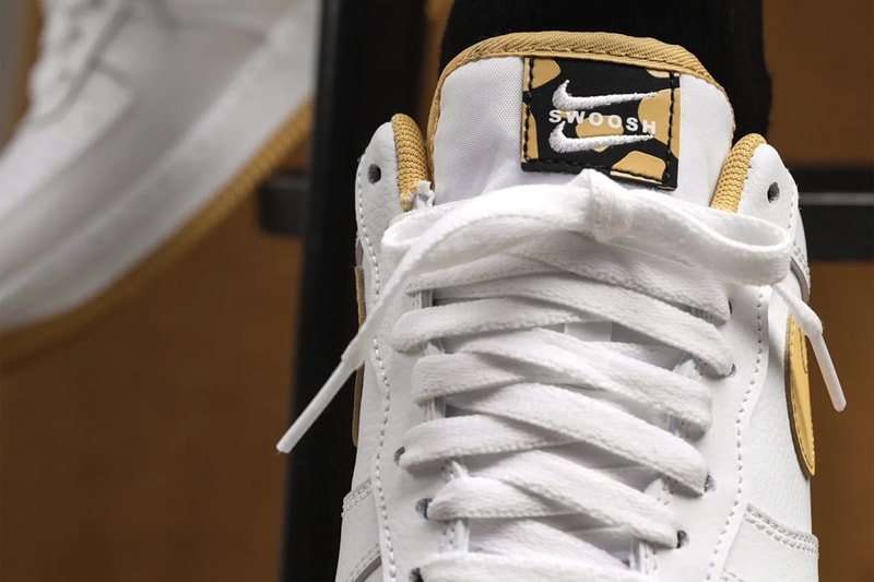 nike air force 1 af1 sneakers light ginger mustard yellow white black colorway footwear sneakerhead shoes front tongue laces close up