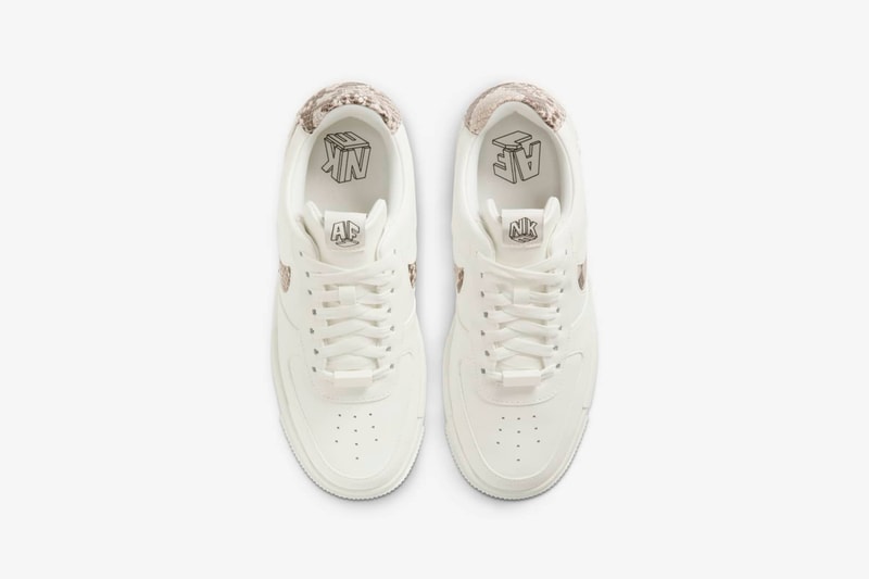 nike air force 1 pixel womens sneakers sail snake skin pattern white colorway sneakerhead footwear shoes laces insole birds eye aerial view