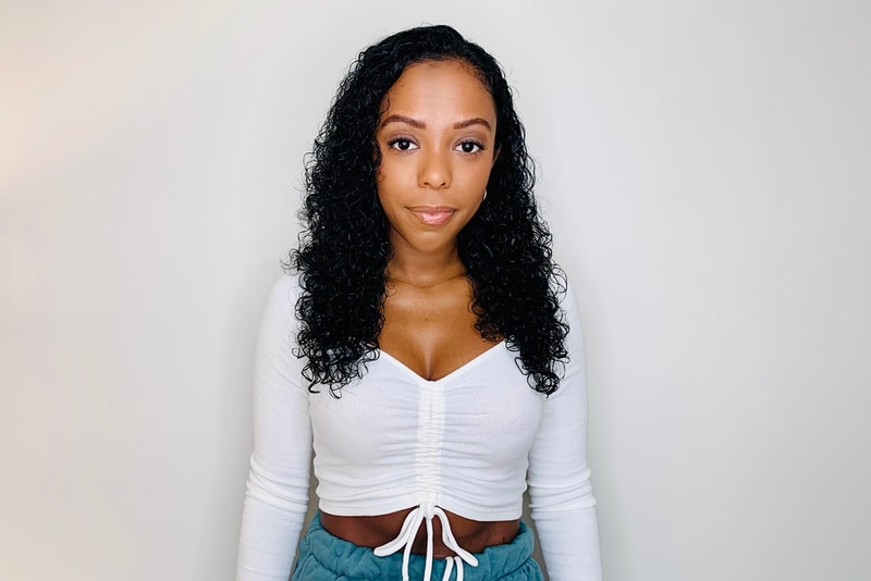 ouai curl creme haircare hair styling multi use product campaign white long sleeve crop top necklace