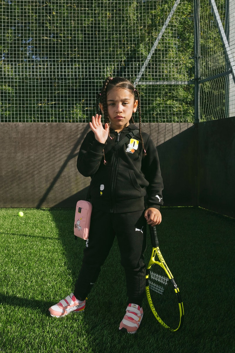 peanuts puma collaboration kids childrens clothing girls black tracksuit pink future rider sneakers tennis racket