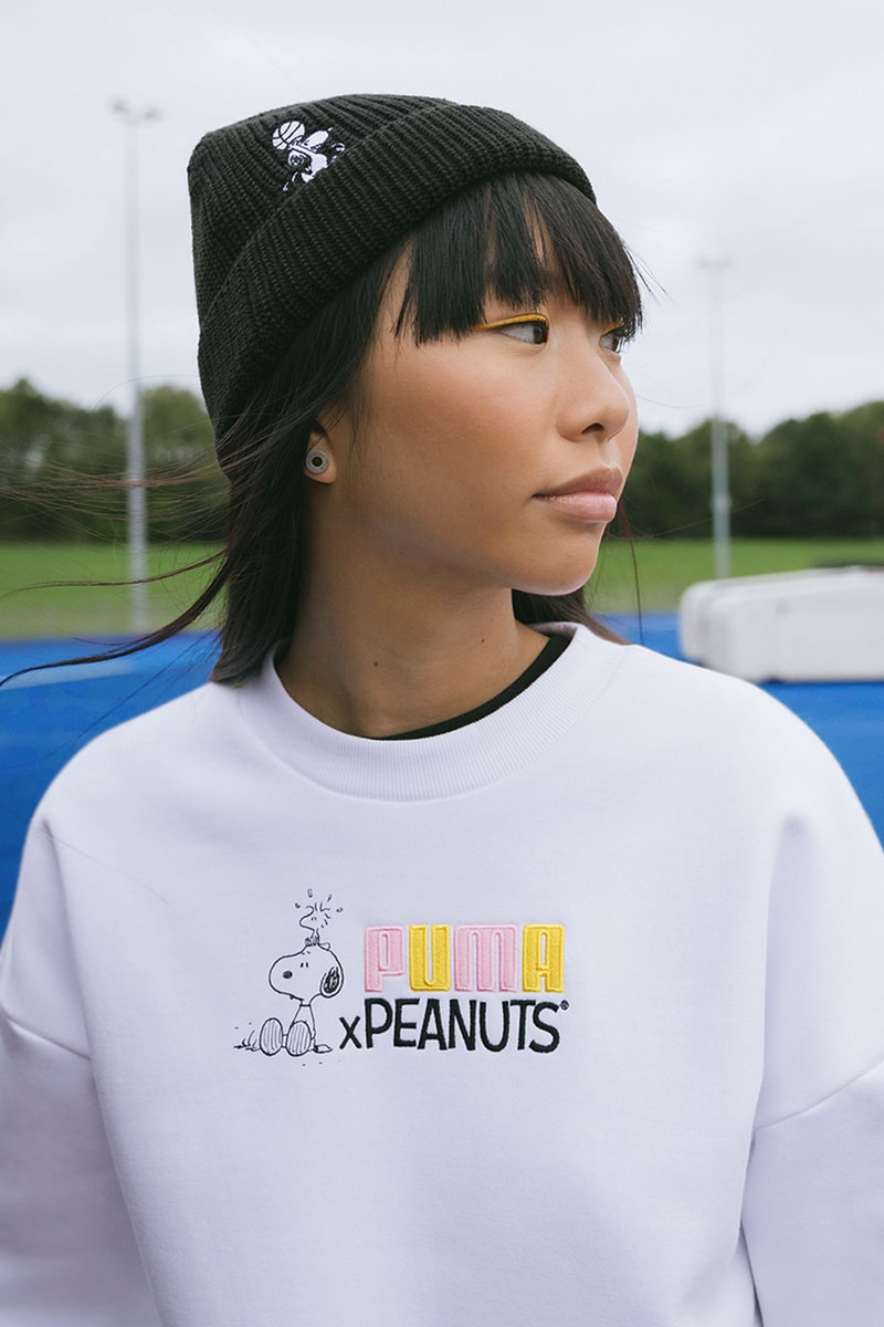 peanuts puma collaboration gray sweatshirt snoopy woodstock black beanie hat