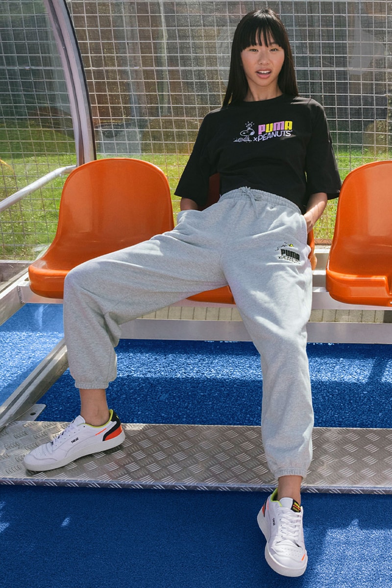 peanuts puma collaboration snoopy woodstock black t-shirt gray sweatpants sneakers ralph sampson