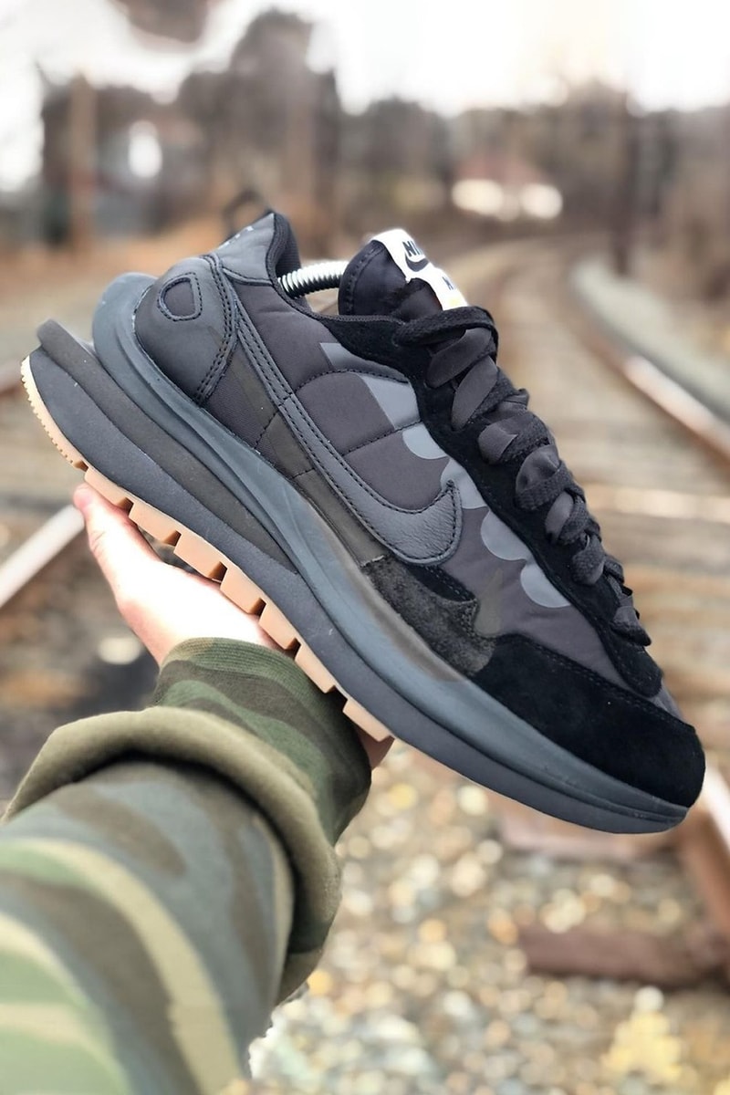 sacai nike vaporwaffle black gum early look sneaker collaboration details side lateral swoosh