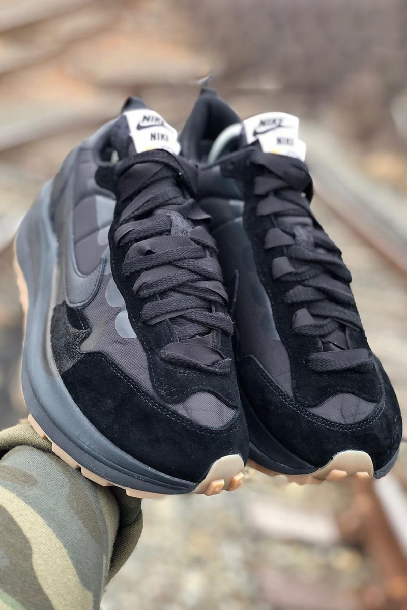 sacai nike vaporwaffle black gum early look sneaker collaboration details top shoelaces logo tongue