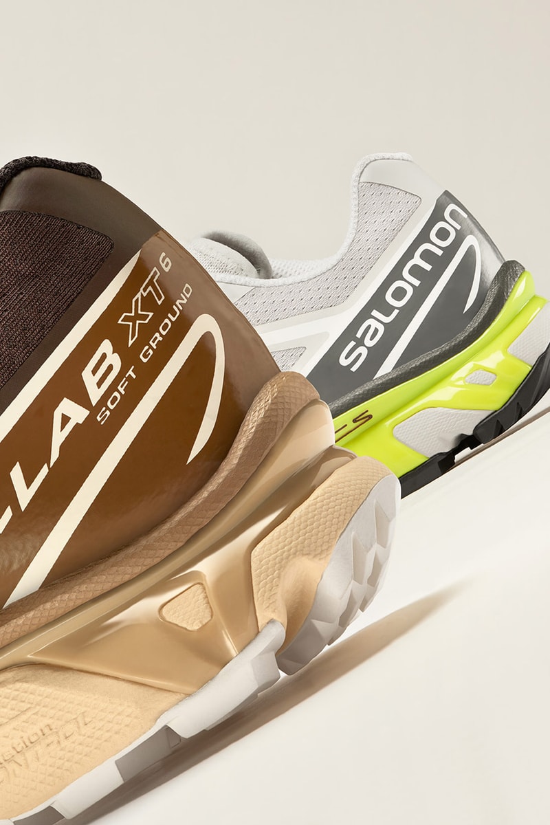 salomon sportstyle spring summer collection hiking sneakers footwear xa pro advanced brown white neon green heel