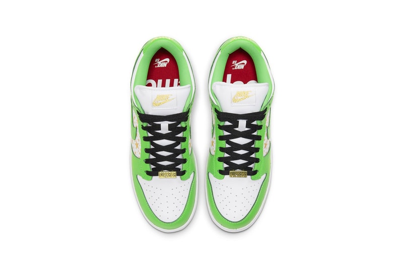 supreme nike sb dunk low collaboration sneakers mean green white black stars colorway sneakerhead shoes footwear insole laces