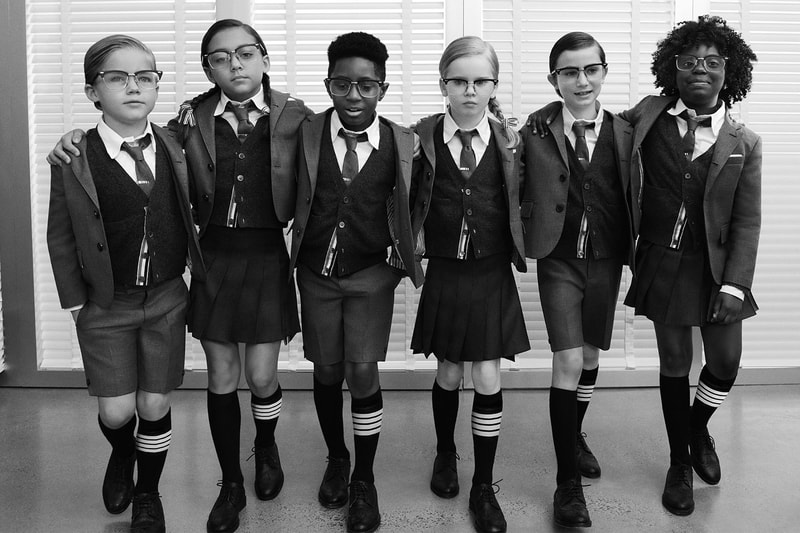 thom browne childrenswear kids line launch campaign school uniform blazers jackets pleated skirts shorts group students friends
