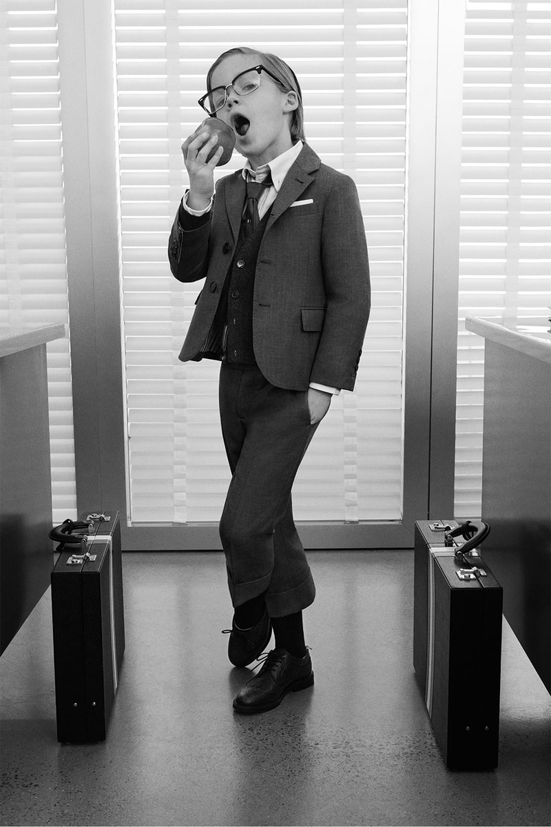 thom browne childrenswear kids line launch campaign school uniform blazers jackets pants trousers suit apple