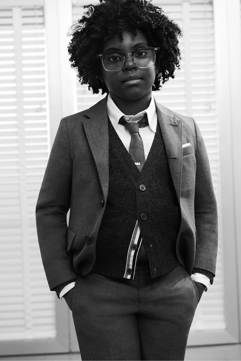 thom browne childrenswear kids line launch campaign school uniform blazers jackets knit cardigan pants trousers suit