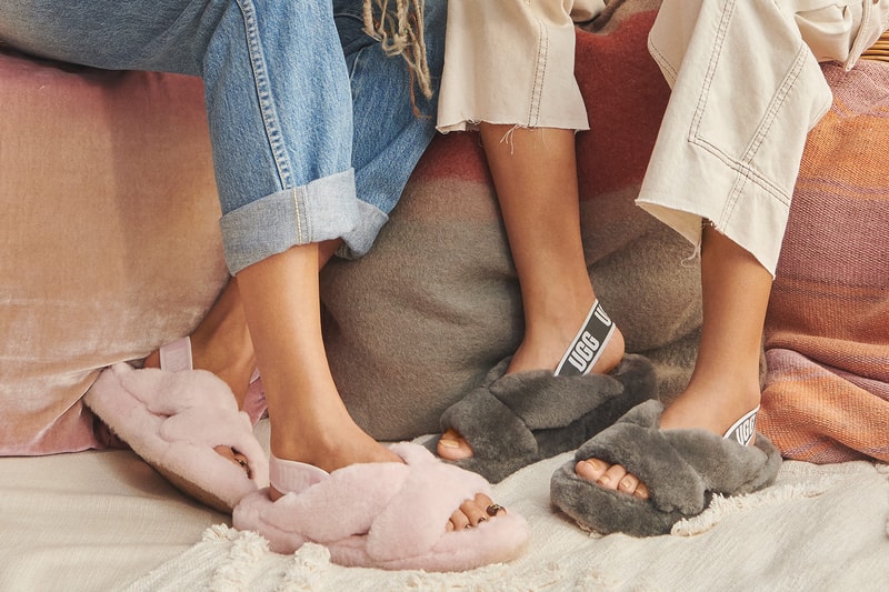 ugg spring summer collection campaign fluff yeah sandals slides pink gray