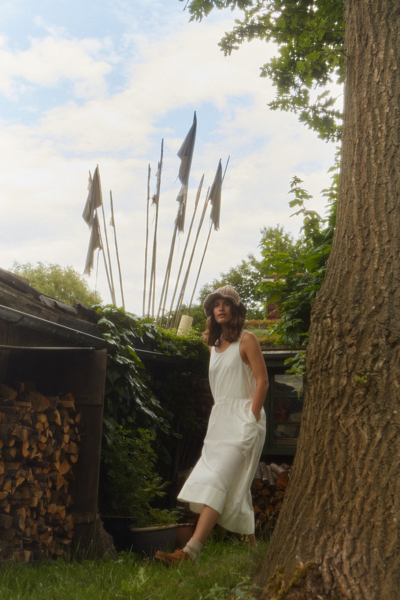 wood wood spring summer collection campaign tree grass blue sky nature white dress loafers hat wood