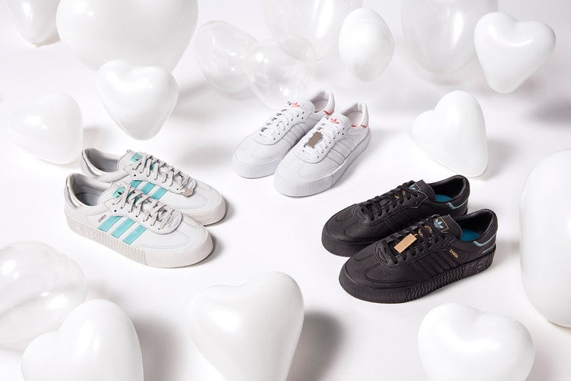 adidas valentines day apparel footwear collection swarovski sambarose collaboration white black aqua crystal