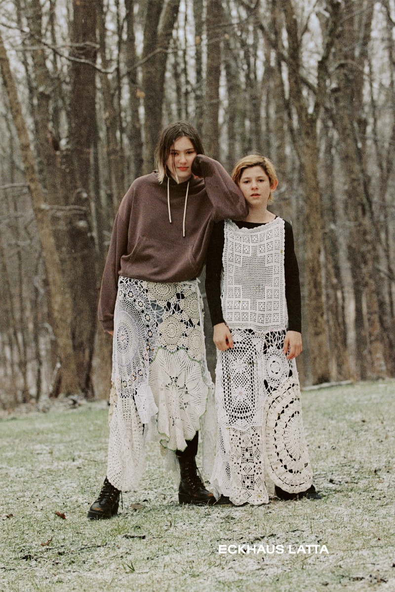 eckhaus latta spring summer campaign knitwear sweaters dresses brown white hoodie