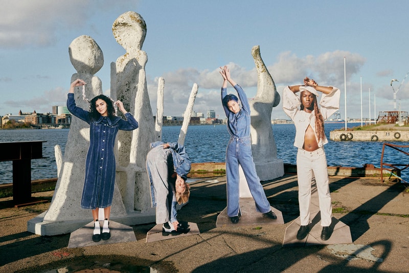ganni levis denim jeans collaboration ss21 spring summer campaign group cut outs sea sky