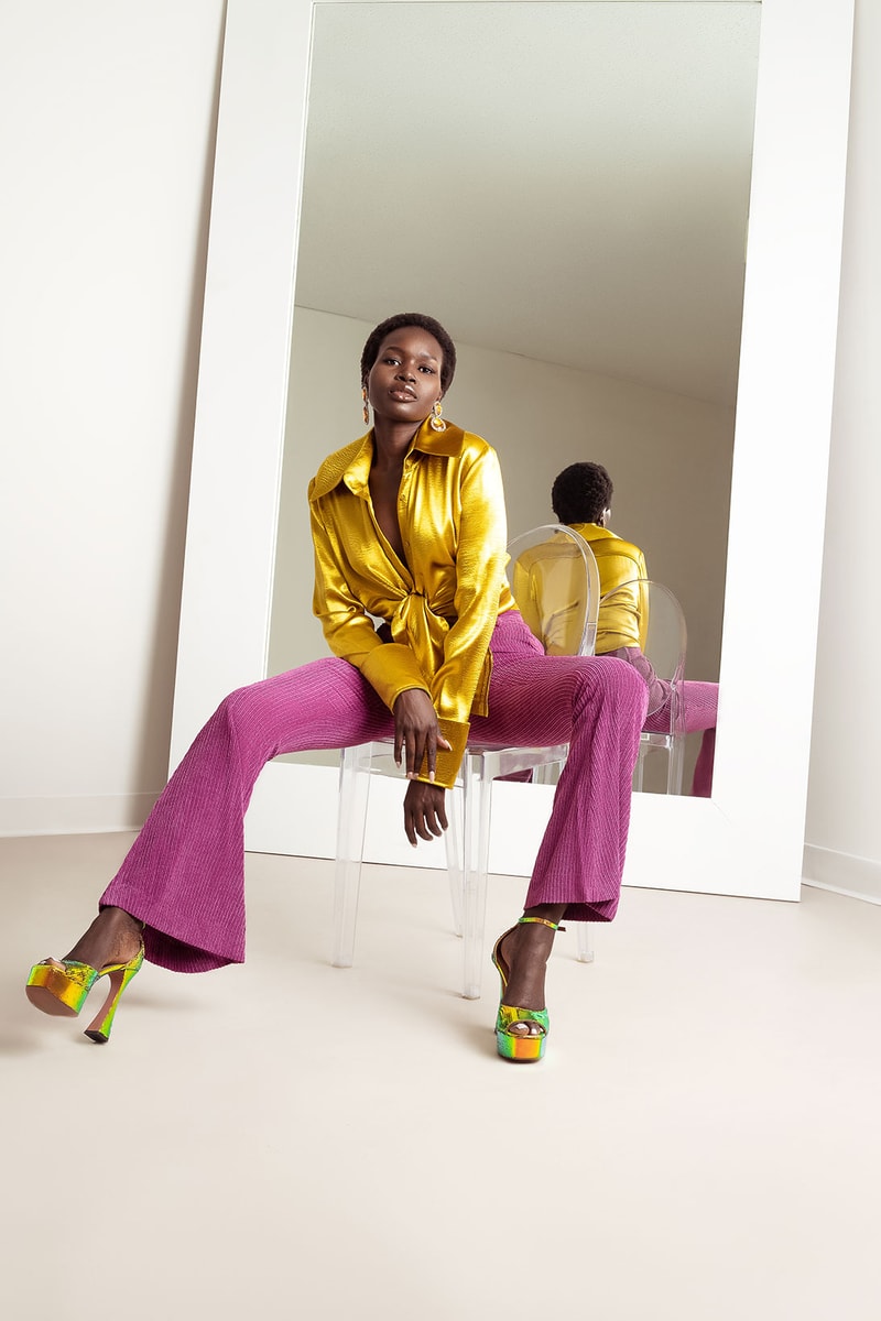 hanifa pink label congo capsule collection silk satin shirt corduroy pants heels