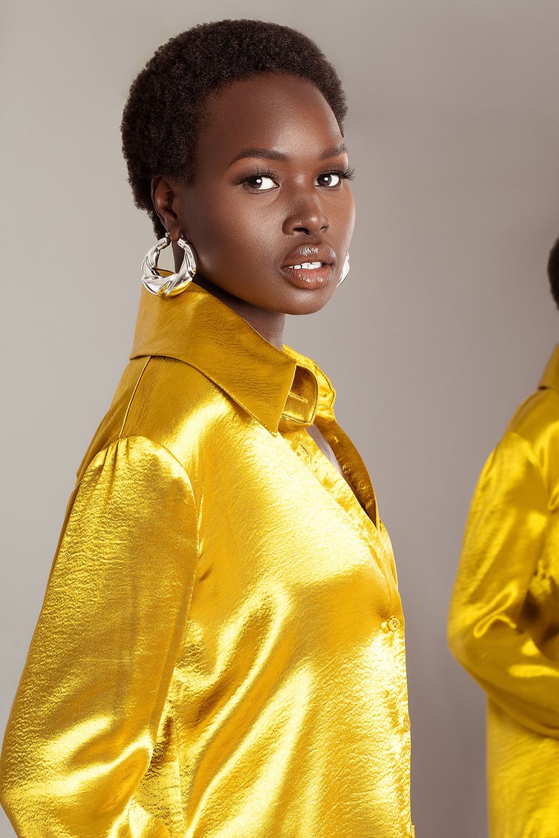 hanifa pink label congo capsule collection satin silk shirt earrings