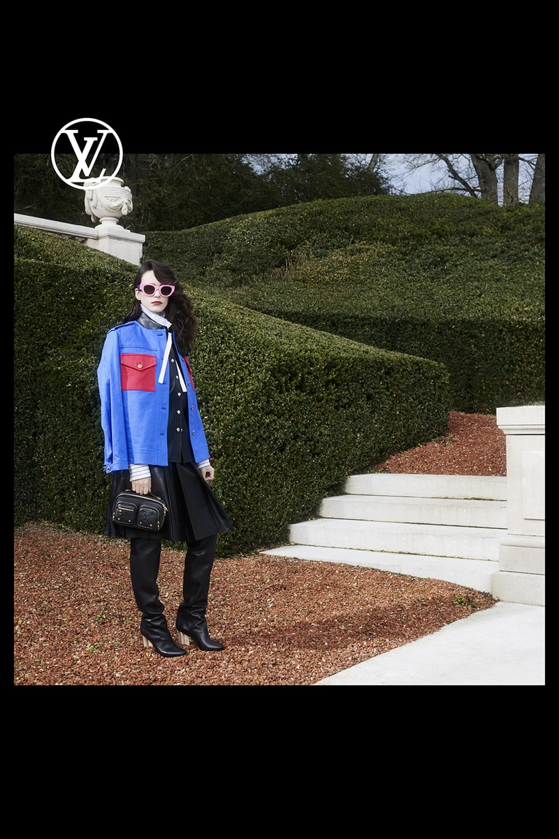 louis vuitton pre fall womens collection nicolas ghesquiere garden blue jacket outerwear skirt black boots handbag shades sunglasses