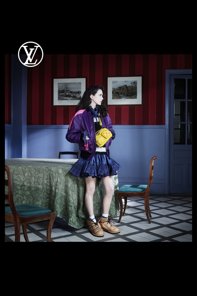 louis vuitton pre fall womens collection nicolas ghesquiere purple jacket outerwear skirt brown shoes table chair painting furniture