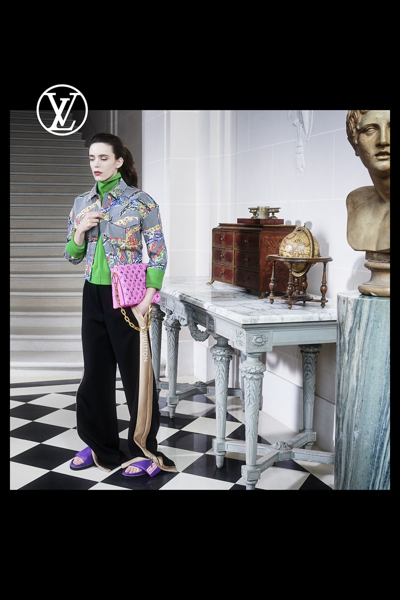 louis vuitton pre fall womens collection nicolas ghesquiere jacket outerwear black pants purple slides pink designer handbag