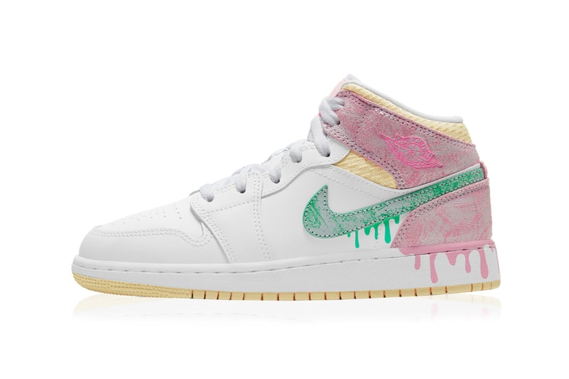 nike air jordan 1 mid kids gs sneaker paint drip white pink green yellow footwear shoes kicks sneakerhead