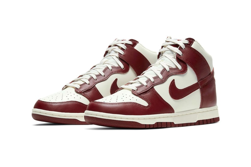 nike dunk high team red white sneakers lateral side front swoosh toe box