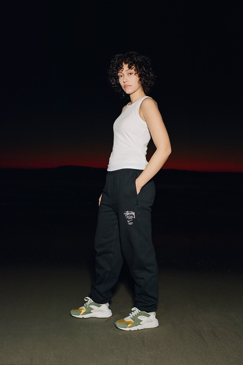 nike stussy air huarache sneakers collaboration fleece crewneck sweatpants black white tank top green