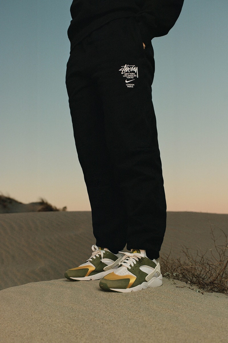 nike stussy air huarache sneakers collaboration fleece crewneck sweatpants black green