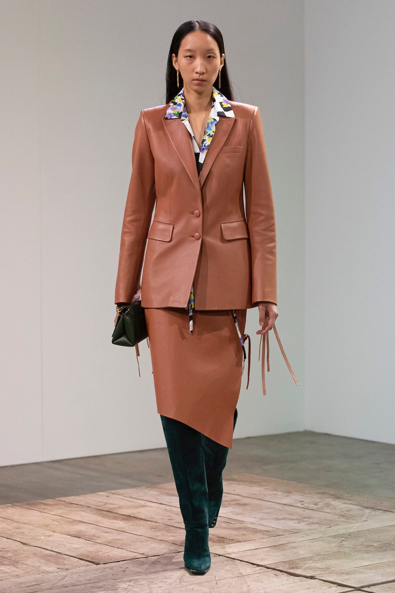 off white virgil abloh spring summer adam is eve collection imaginary tv digital runway show blazer jacket outerwear brown leather skirt boots bag